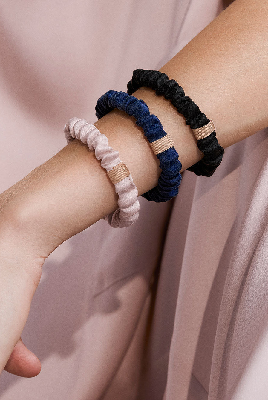 Lunya 3pk Washable Silk Thin Scrunchie - #Immersed Black/Delicate Pink/Deep Blue