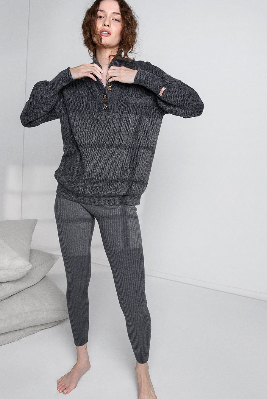 Cozy Cotton Silk Pocket Henley - #Drifting Charcoal
