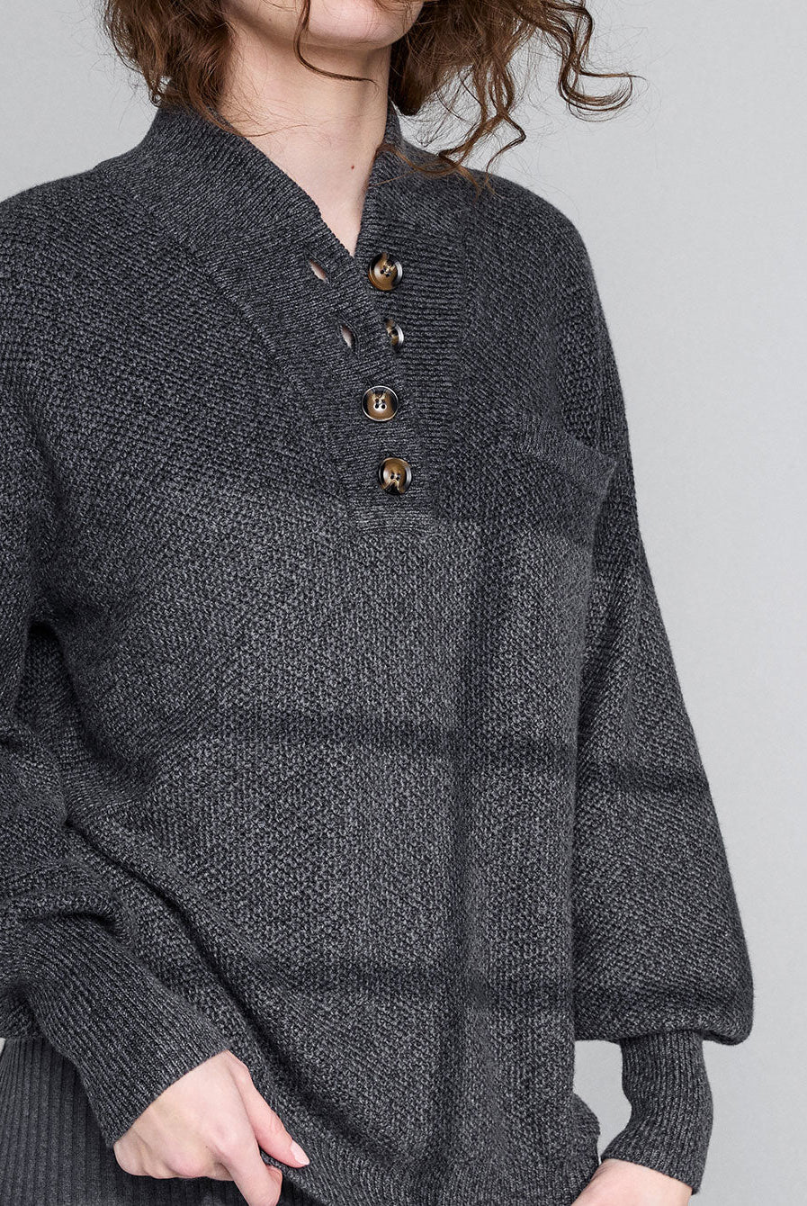 Cozy Cotton Silk Pocket Henley - #Drifting Charcoal