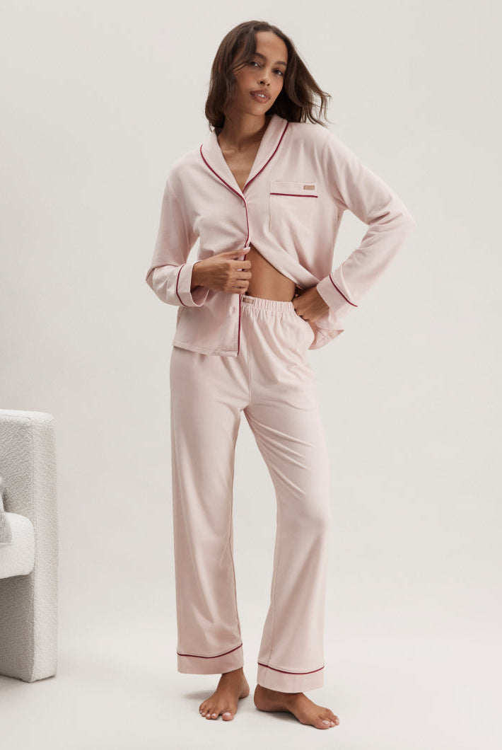 Lunya Pajamas - Slumberknit™ Shawl Collar Button Down Pant Set #DELICATE PINK/POMAGRANITE JEWEL