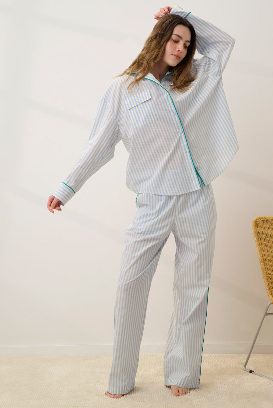 Lunya Pajamas - AIRY COTTON PIPED WIDE LEG PANT #STILLWATER STRIPE / SPRING CLOVER