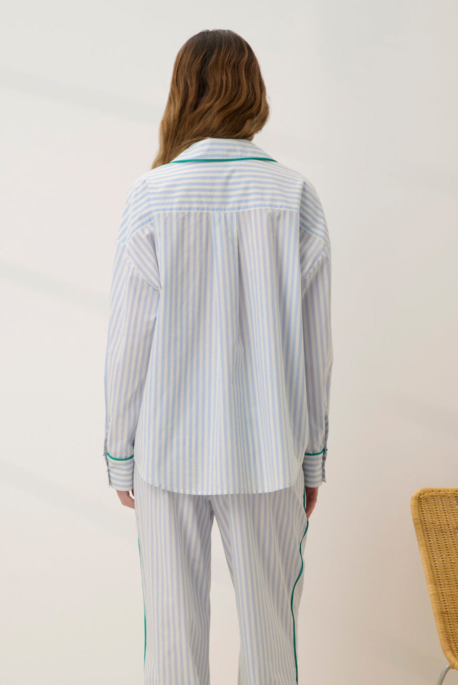 Lunya Pajamas - AIRY COTTON PIPED BUTTON DOWN #STILLWATER STRIPE / SPRING CLOVER