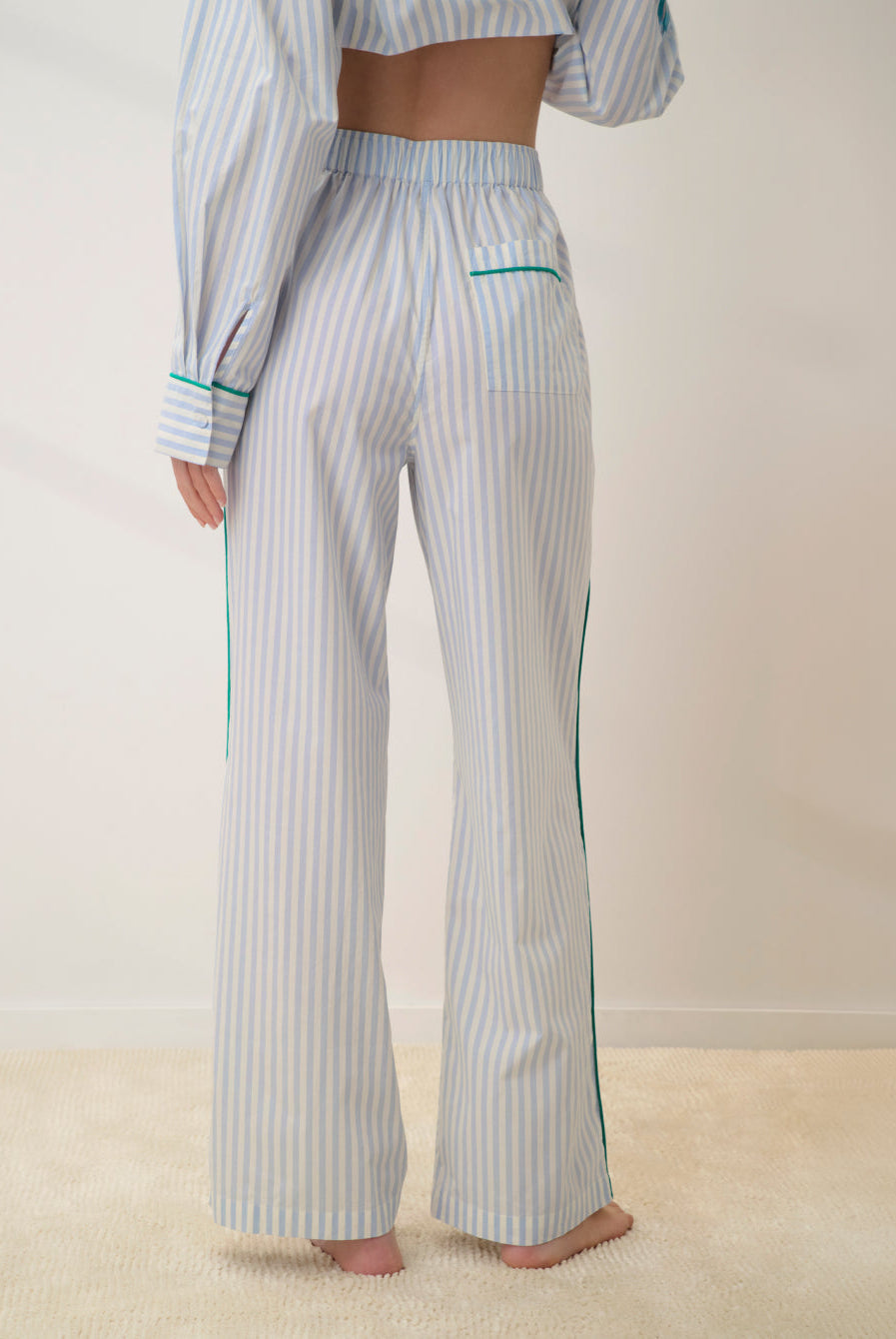 Lunya Pajamas - AIRY COTTON PIPED WIDE LEG PANT #STILLWATER STRIPE / SPRING CLOVER