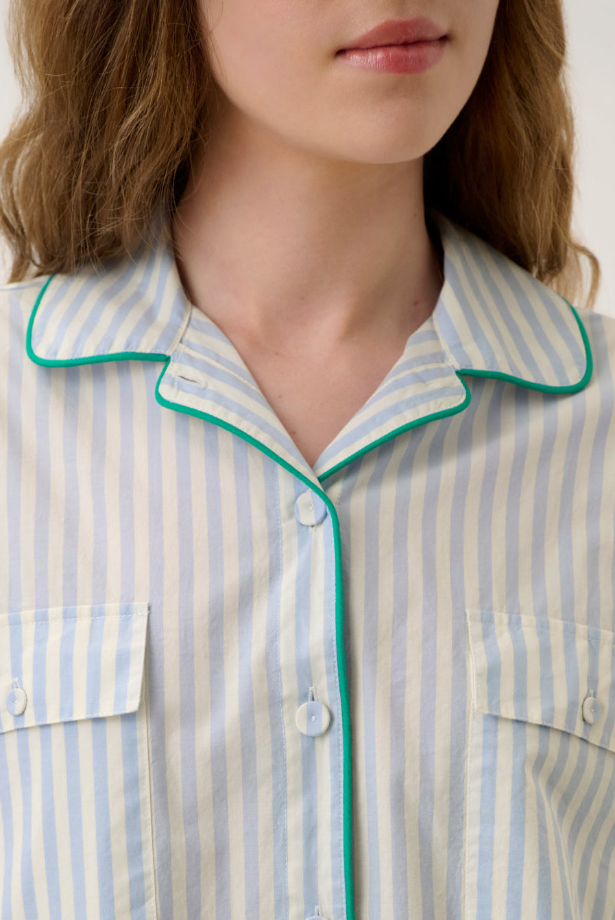 Lunya Pajamas - AIRY COTTON PIPED BUTTON DOWN #STILLWATER STRIPE / SPRING CLOVER