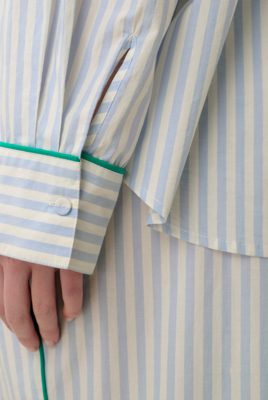 Lunya Pajamas - AIRY COTTON PIPED BUTTON DOWN #STILLWATER STRIPE / SPRING CLOVER