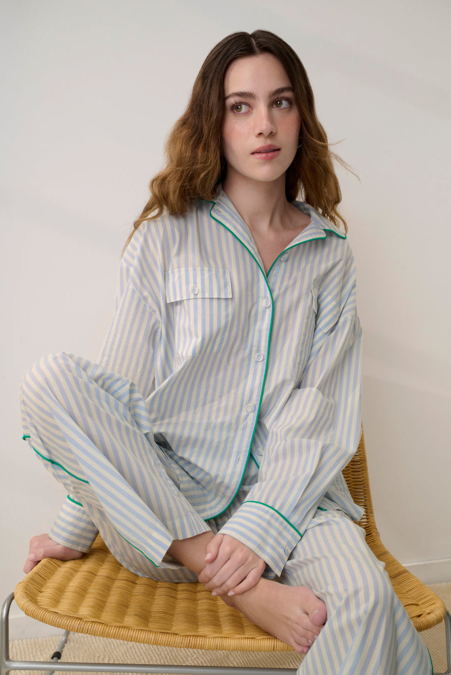 Lunya Pajamas - AIRY COTTON PIPED WIDE LEG PANT #STILLWATER STRIPE / SPRING CLOVER