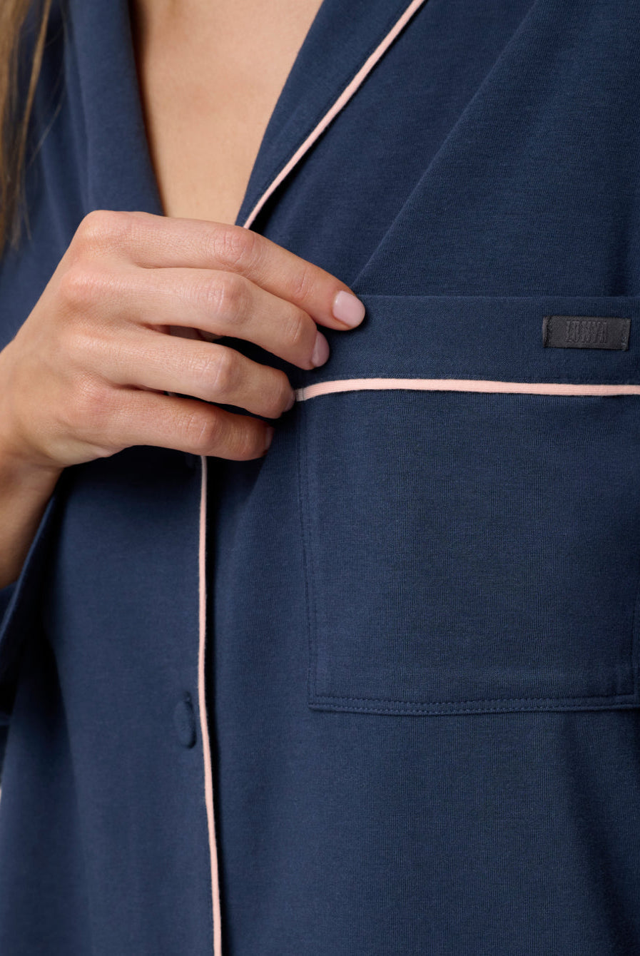 Lunya Pajamas - SLUMBERKNIT™ SHAWL COLLAR BUTTON DOWN PANT SET - #Deep Blue/Delicate Pink