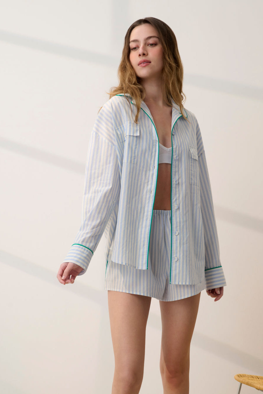 Lunya Pajamas - AIRY COTTON PIPED SHORT #STILLWATER STRIPE / SPRING CLOVER