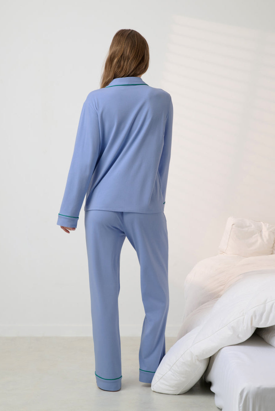 Lunya Pajamas - SLUMBERKNIT™ SHAWL COLLAR BUTTON DOWN PANT SET - #Bluebell Bloom/Spring Clover