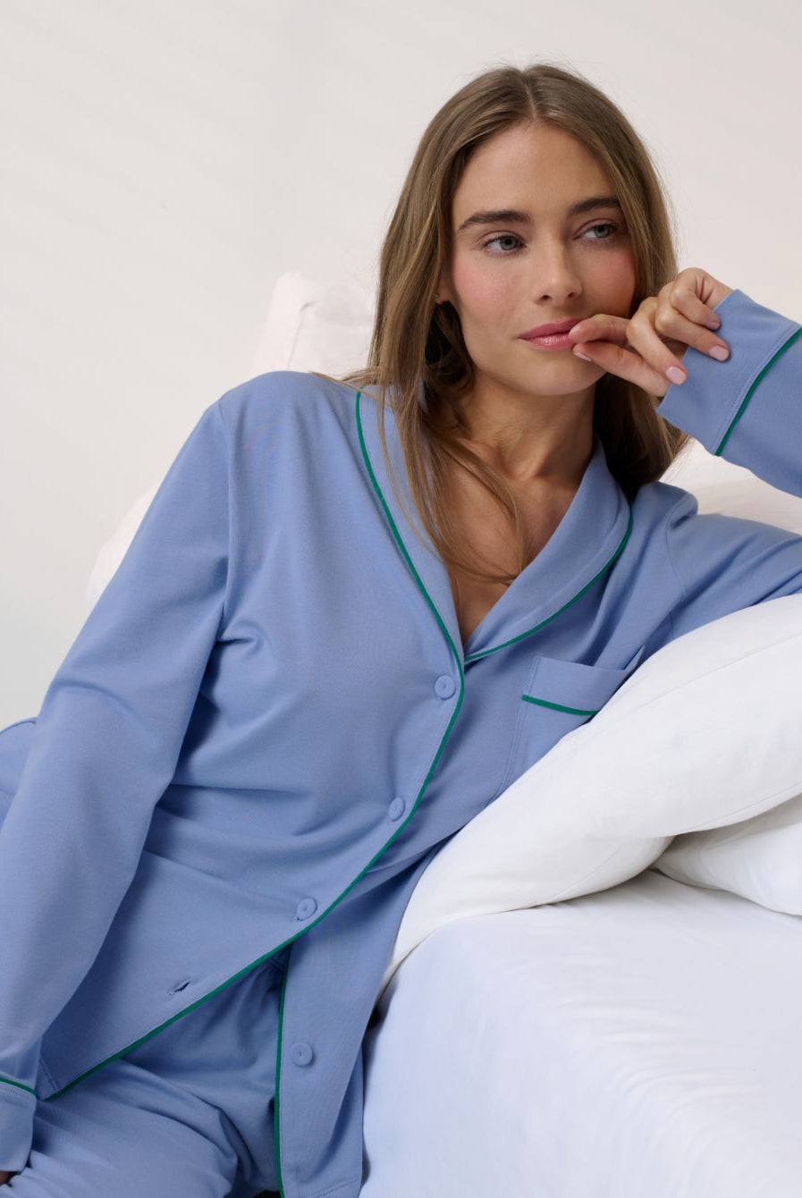 Lunya Pajamas - SLUMBERKNIT™ SHAWL COLLAR BUTTON DOWN PANT SET - #Bluebell Bloom/Spring Clover
