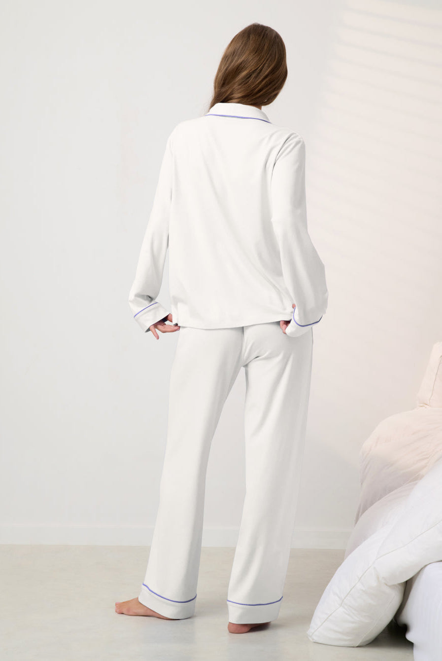 Lunya Pajamas - SLUMBERKNIT™ SHAWL COLLAR BUTTON DOWN PANT SET - #Lunar White/Quiet Lilac