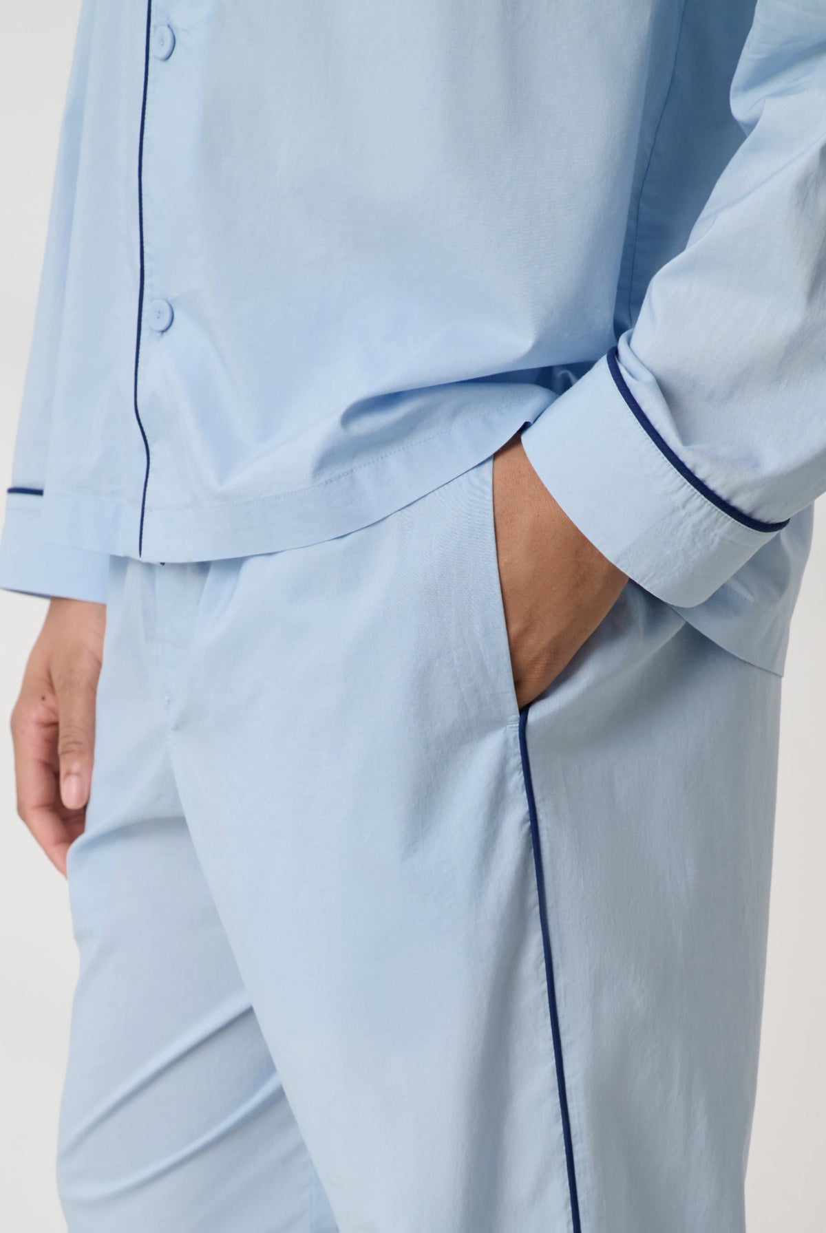 Lunya Men's Pajamas - Men's Airy Cotton Piped PANT - #STEEL BLUE/DEEP BLUE
