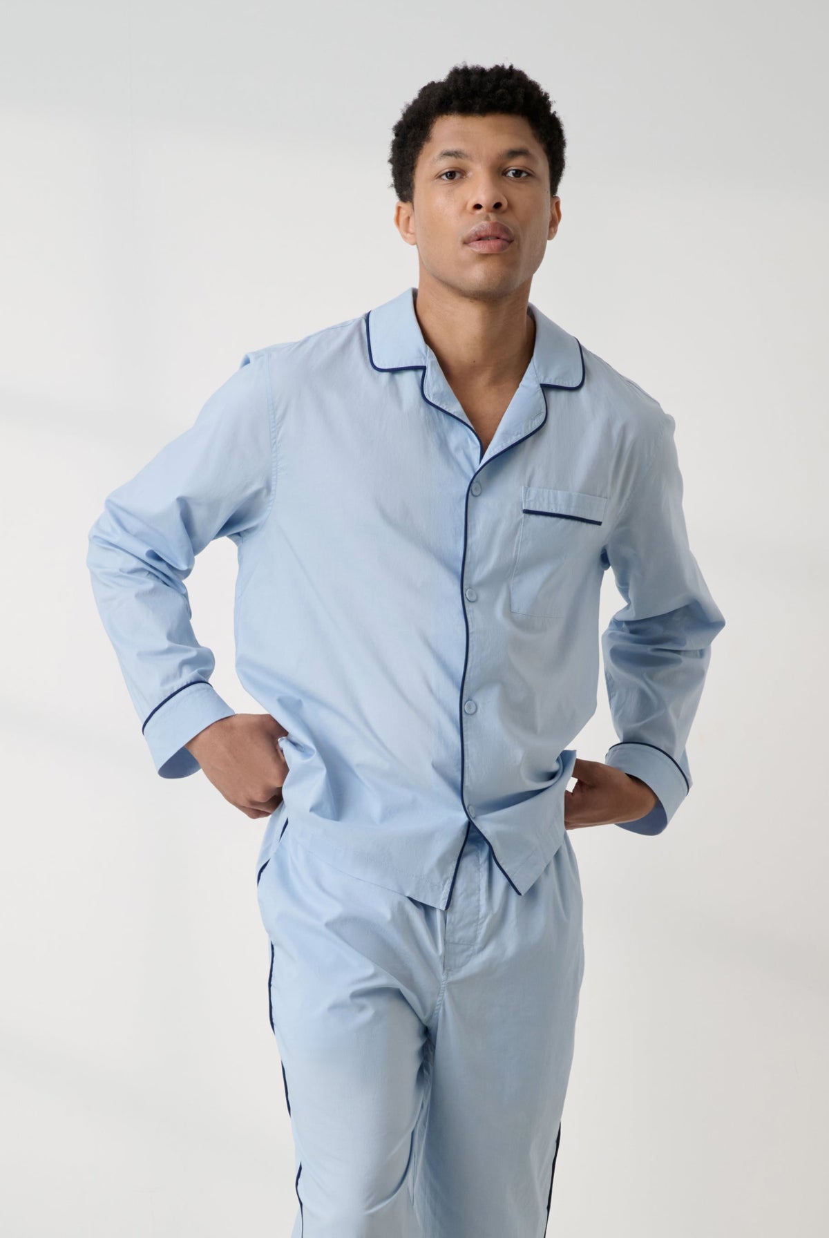 Lunya Men's Pajamas - Men's Airy Cotton Piped Sleep Shirt - #STEEL BLUE/DEEP BLUE