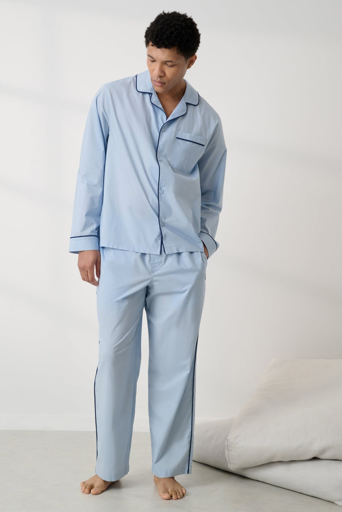 Lunya Men's Pajamas - Men's Airy Cotton Piped PANT - #STEEL BLUE/DEEP BLUE