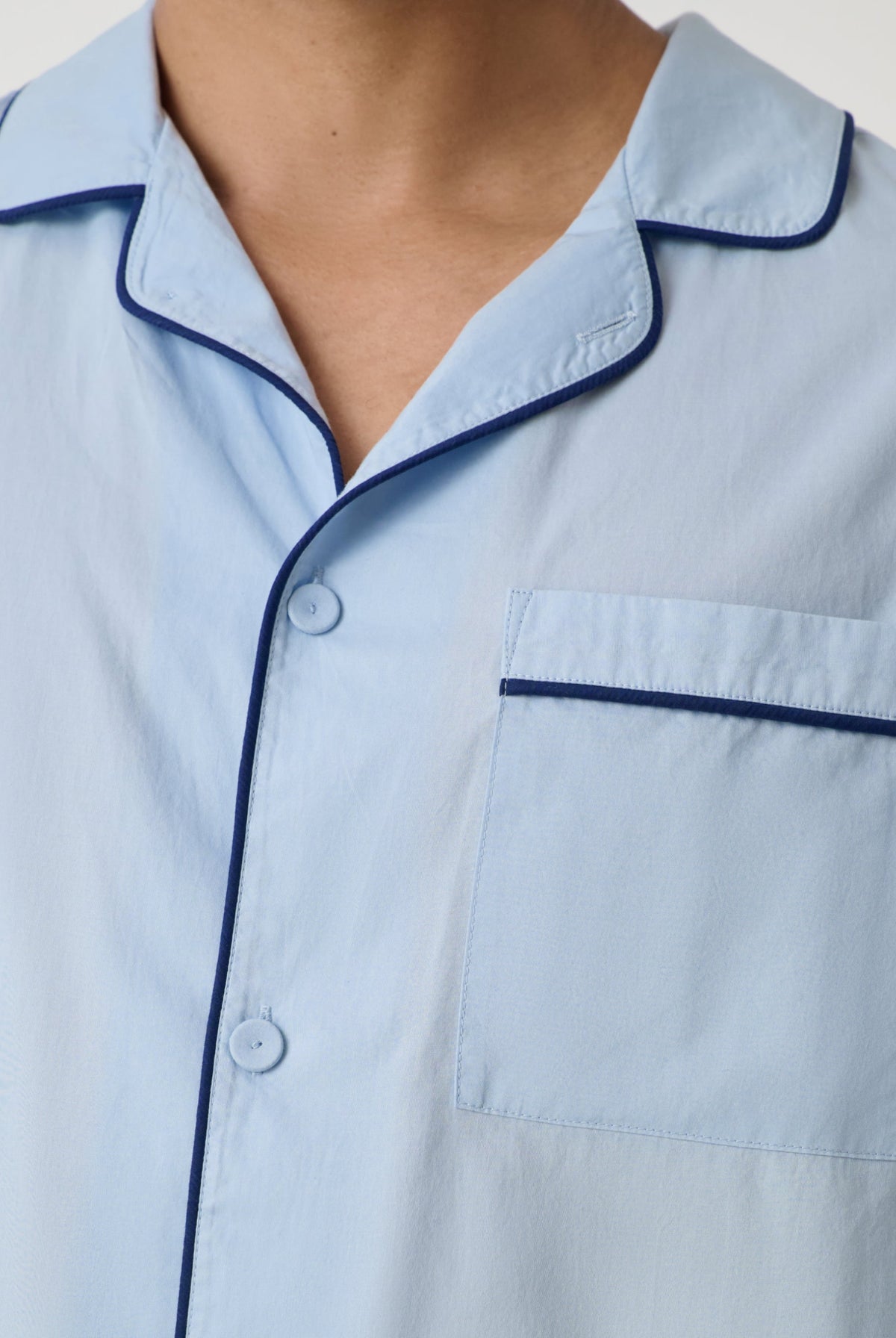 Lunya Men's Pajamas - Men's Airy Cotton Piped Sleep Shirt - #STEEL BLUE/DEEP BLUE