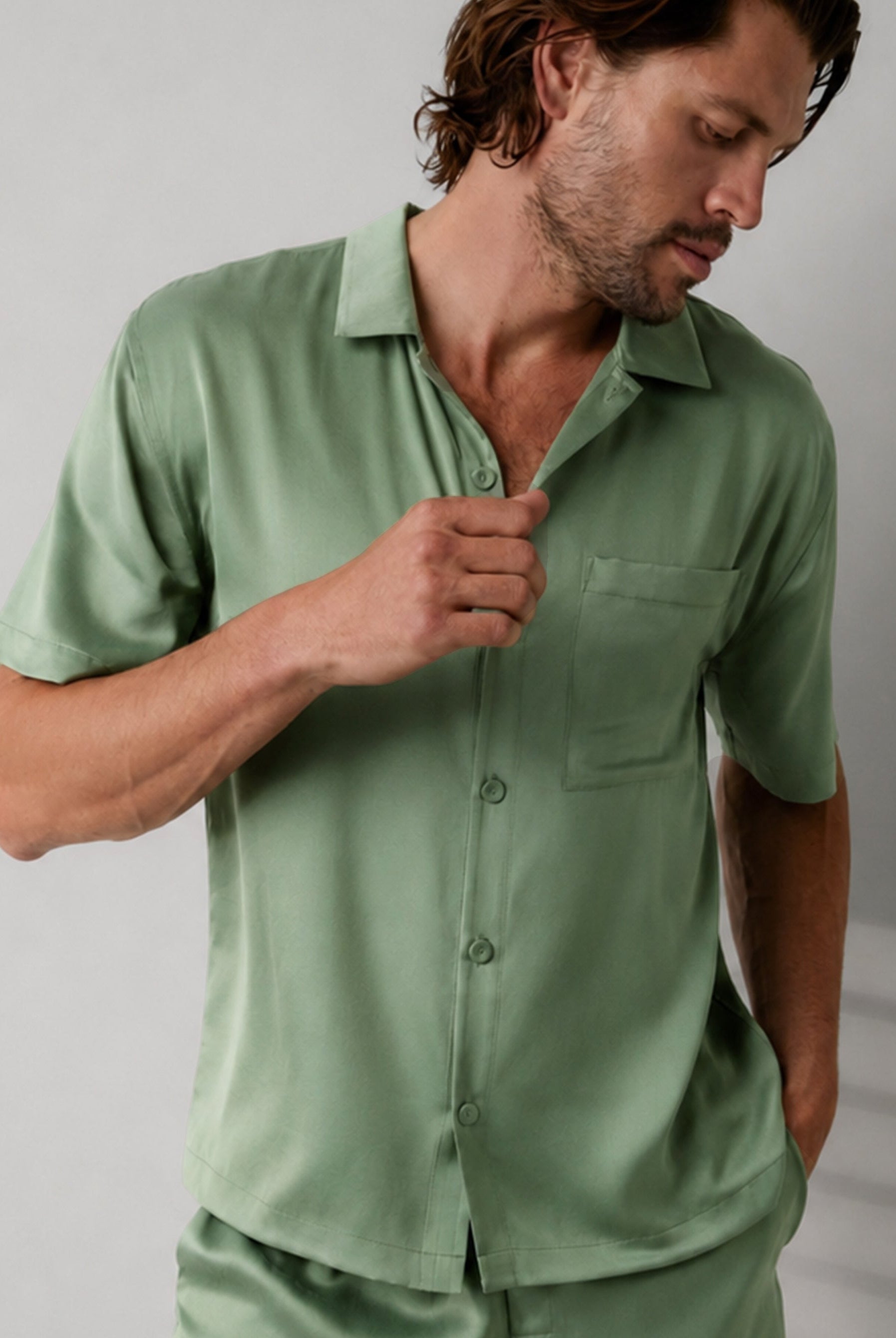 Lunya Men's Pajamas - Men's Washable Silk Button Up Short Set - #Garden Moss