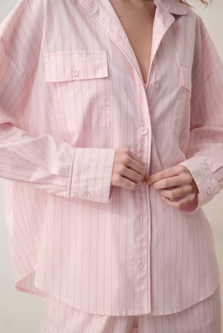 Lunya Pajamas - AIRY COTTON PIPED BUTTON DOWN #ROSEWATER STRIPE
