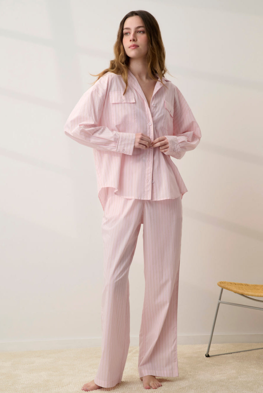 Lunya Pajamas - AIRY COTTON PIPED BUTTON DOWN #ROSEWATER STRIPE