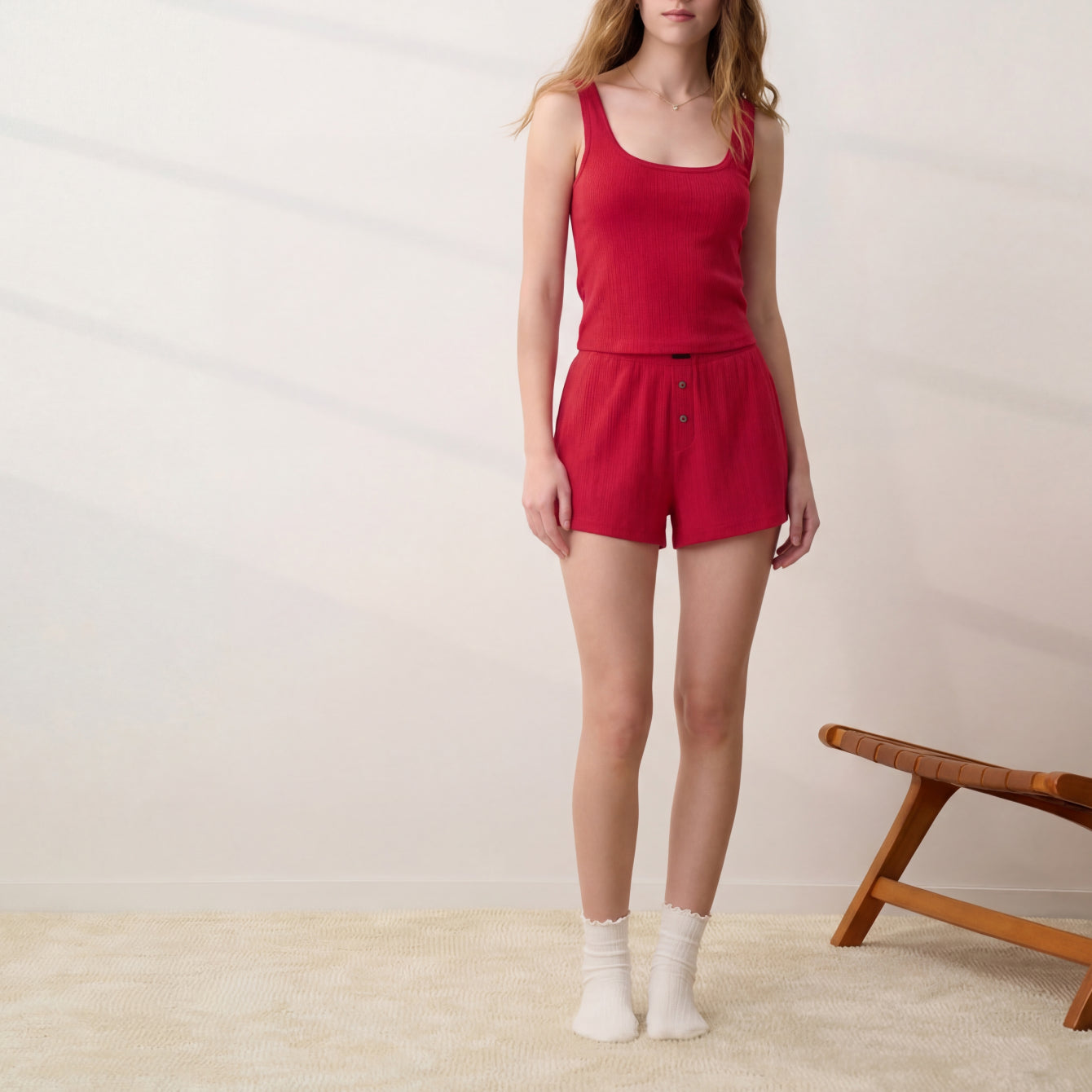 Lunya loungewear - POINTELLE HIGH RISE SHORT #CAMELLIA RED