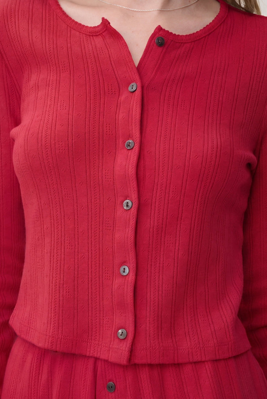Lunya Loungewear - POINTELLE CREW NECK CARDIGAN #CAMELLIA RED