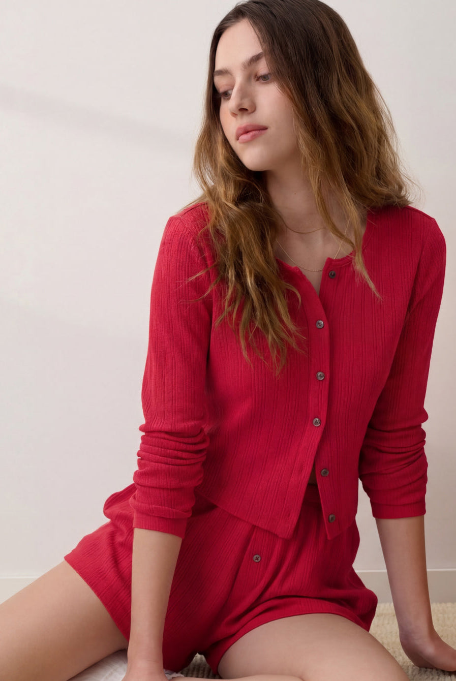 Lunya Loungewear - POINTELLE CREW NECK CARDIGAN #CAMELLIA RED
