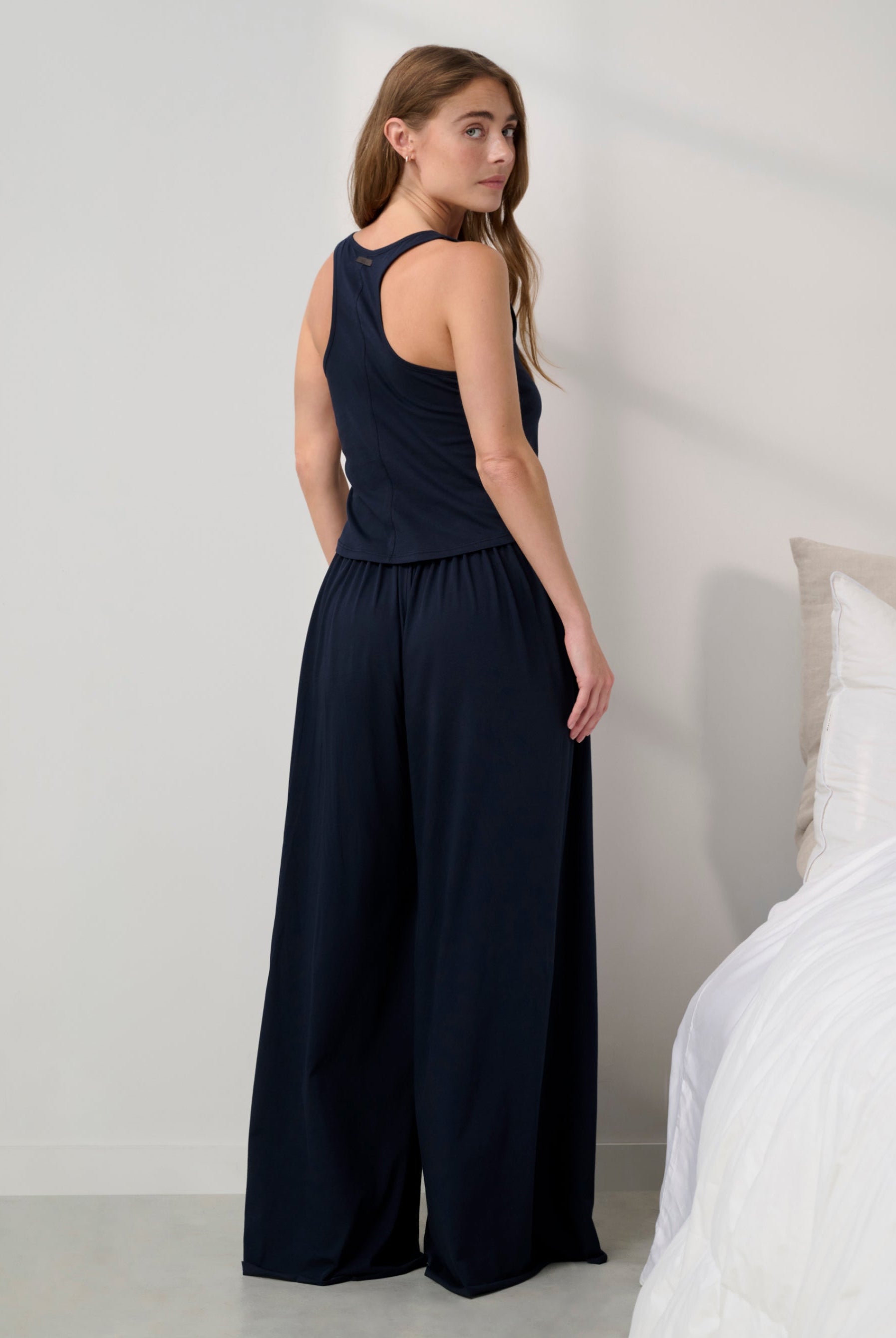 Lunya Pajamas - Organic Pima Curved Hem Tank / Organic Pima Wide Leg Pant #Deep Blue