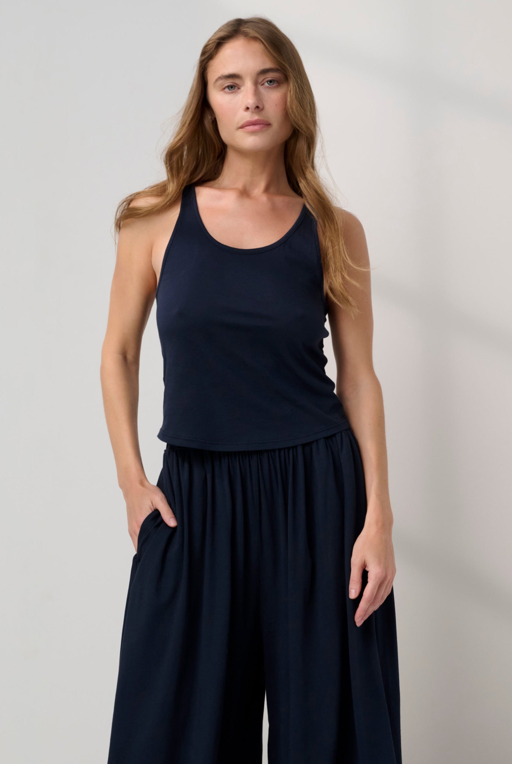 Lunya Pajamas - Organic Pima Curved Hem Tank / Organic Pima Wide Leg Pant #Deep Blue