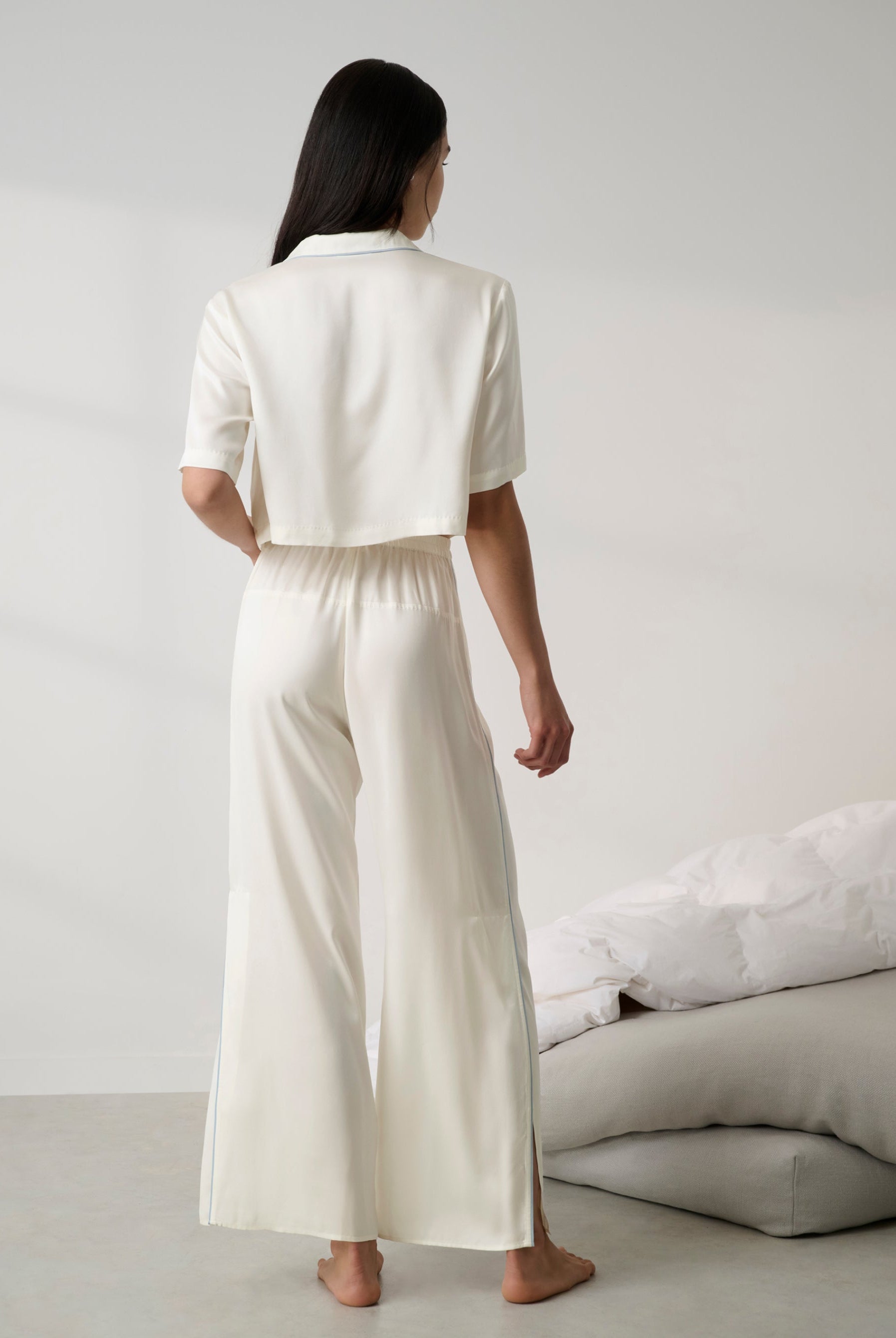 Lunya Pajamas Bridal - Washable Silk Piped High Rise Pant Set #Tranquil White/Frosted Lagoon