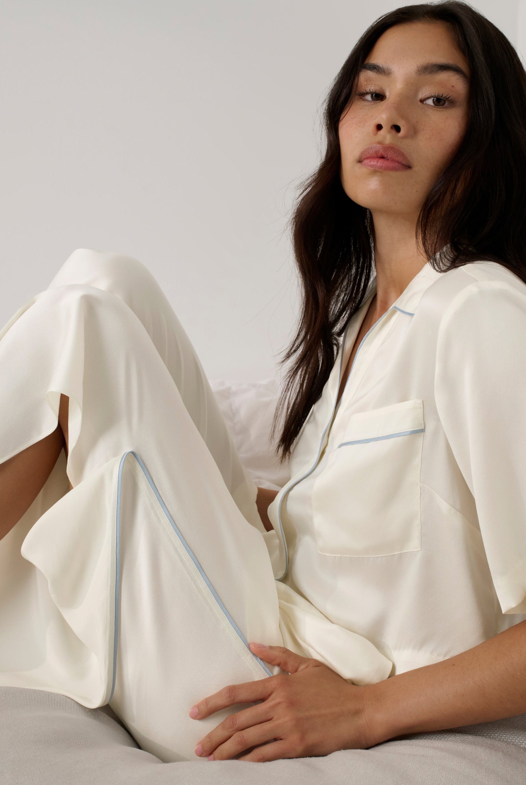 Lunya Pajamas Bridal - Washable Silk Piped High Rise Pant Set #Tranquil White/Frosted Lagoon