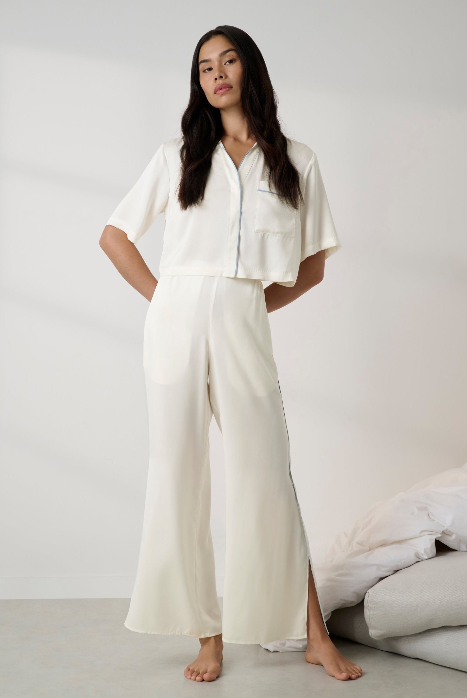 Lunya Pajamas Bridal - Washable Silk Piped High Rise Pant Set #Tranquil White/Frosted Lagoon