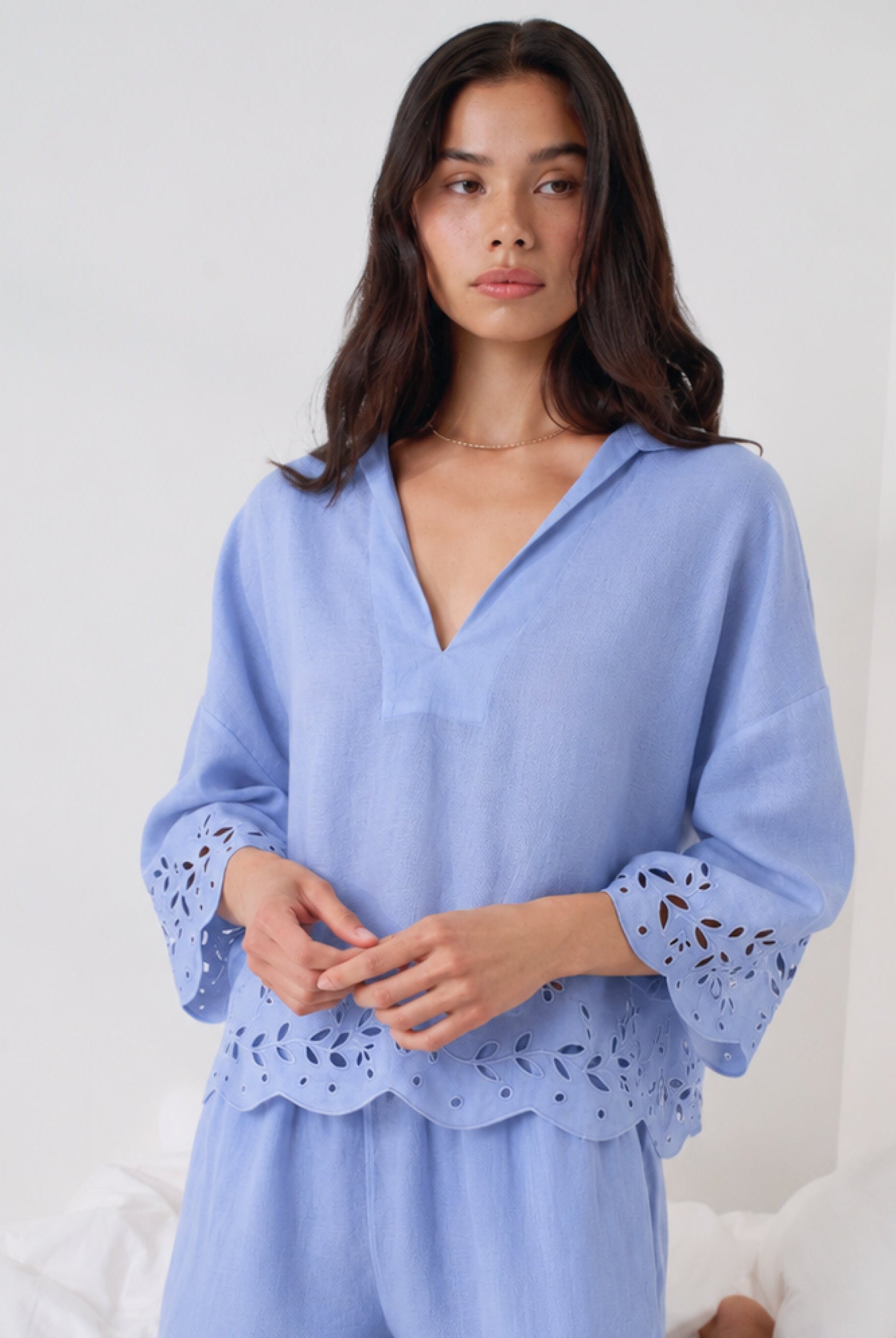Lunya Pajamas - Linen EMBROIDERED EYELET SHIRT - #Whisper Blue