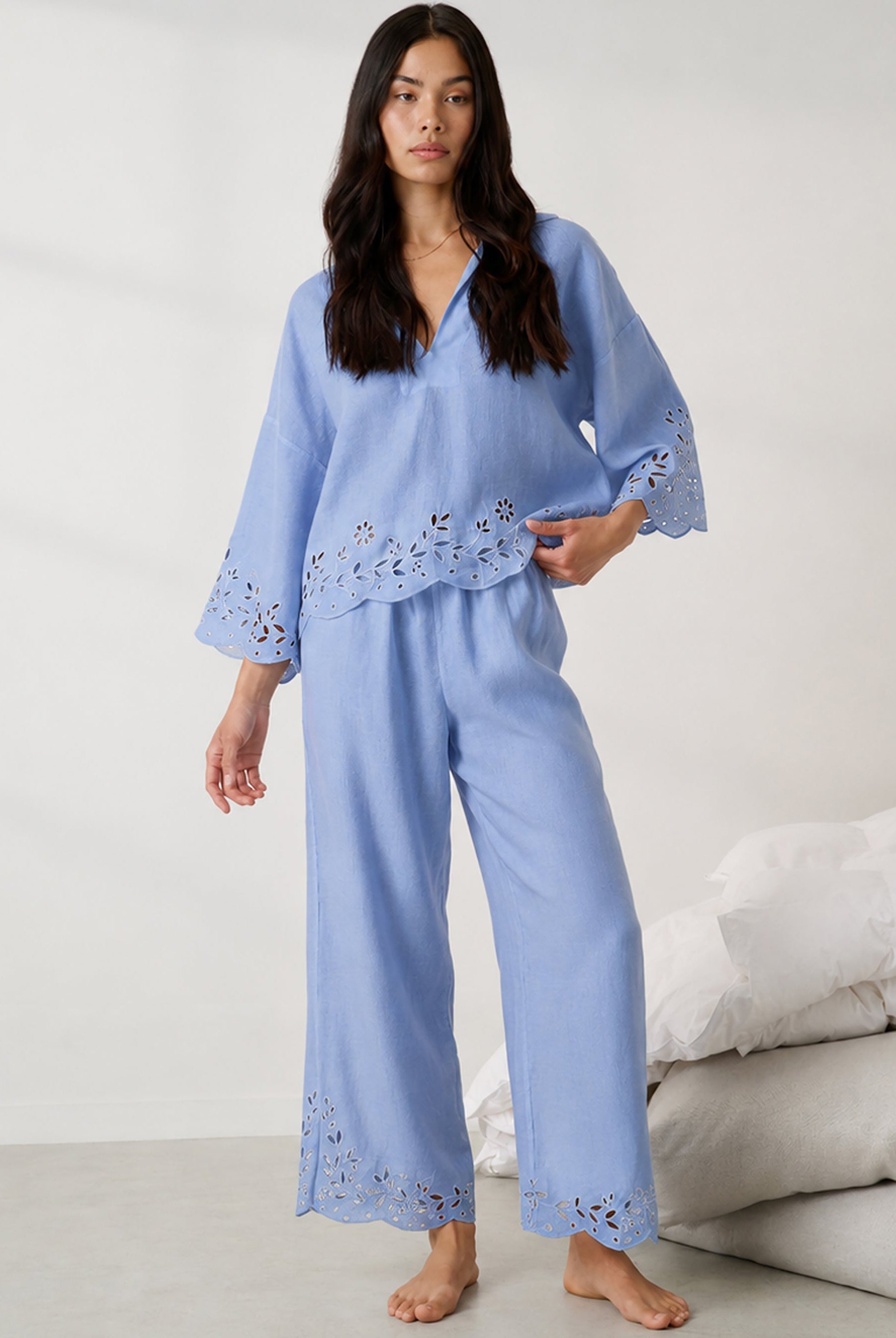 Lunya Pajamas - LINEN EMBROIDERED EYELET PANT - #Whisper Blue