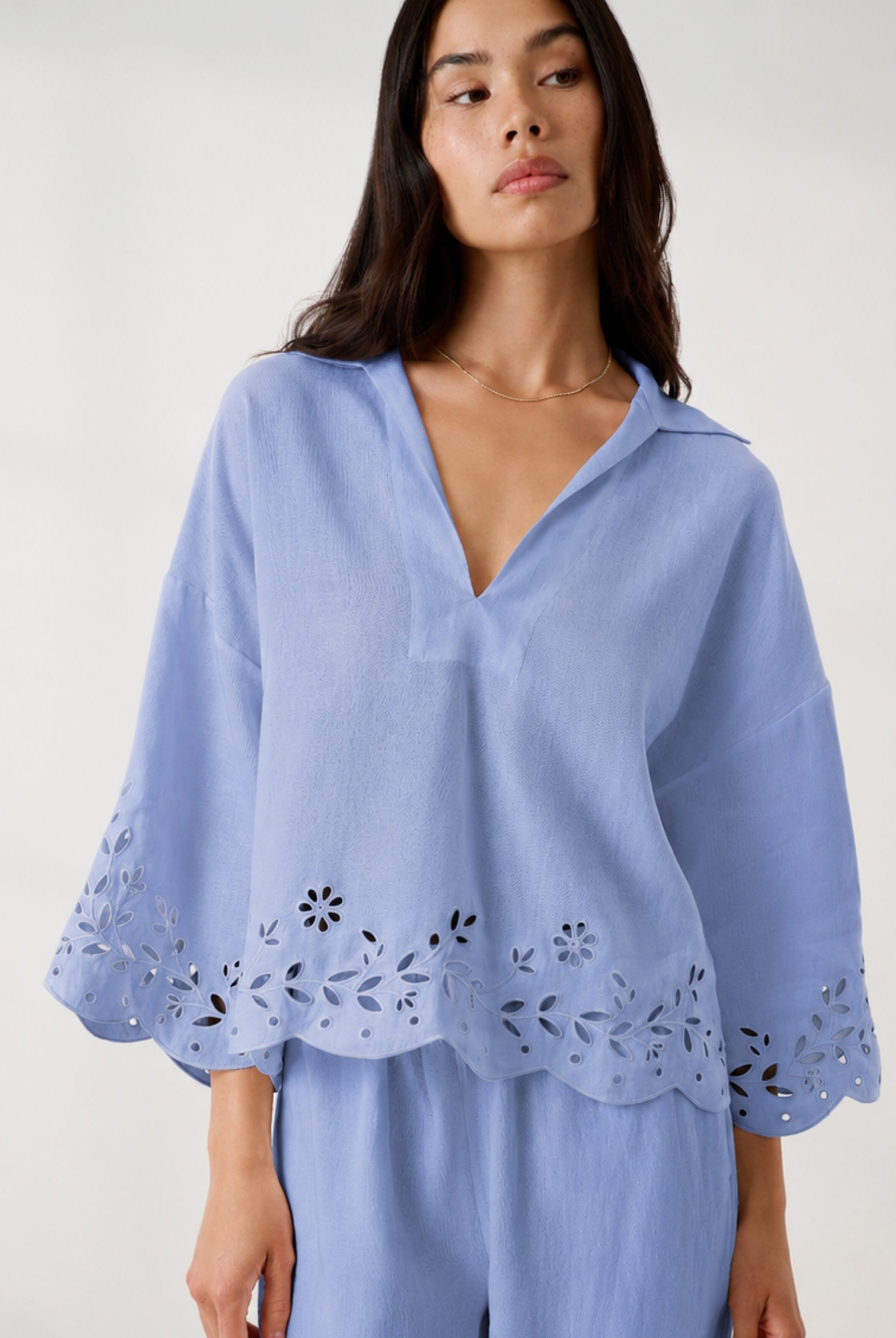 Lunya Pajamas - Linen EMBROIDERED EYELET SHIRT - #Whisper Blue