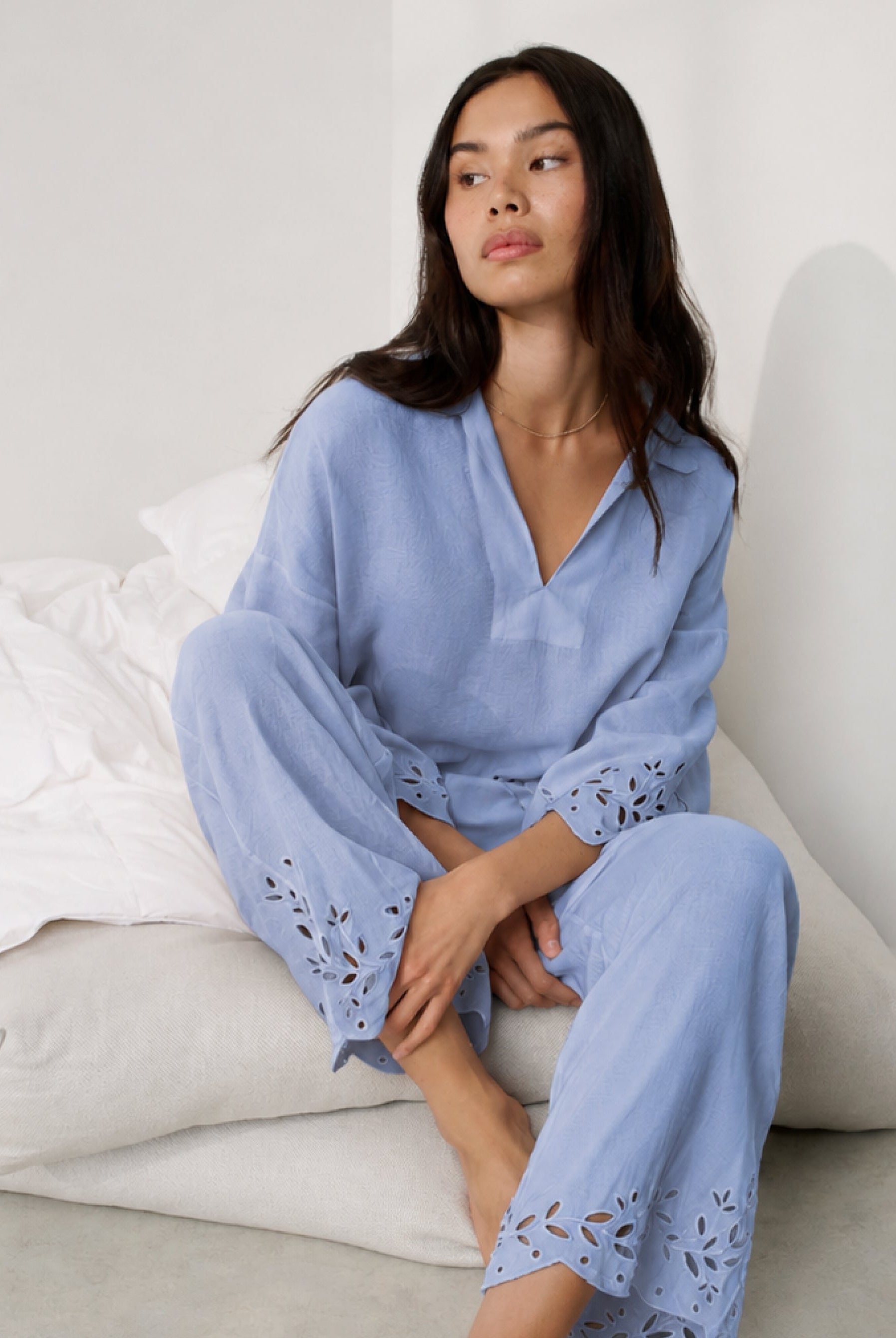 Lunya Pajamas - Linen EMBROIDERED EYELET SHIRT - #Whisper Blue