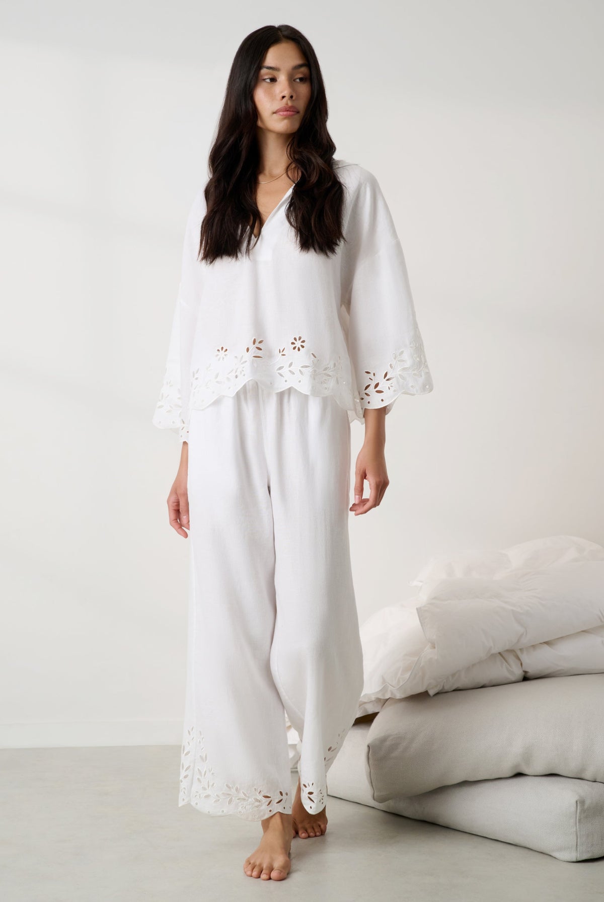 Lunya Pajamas - Linen Embroidered Eyelet Pant - #Sincere White