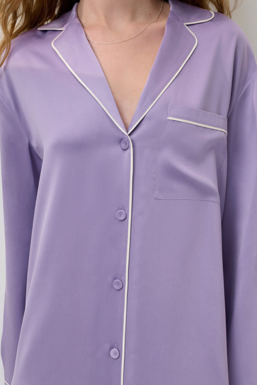 Lunya Pajamas - WASHABLE SILK PIPED SLEEP SHIRT DRESS #Morning Wisteria/Tranquil White