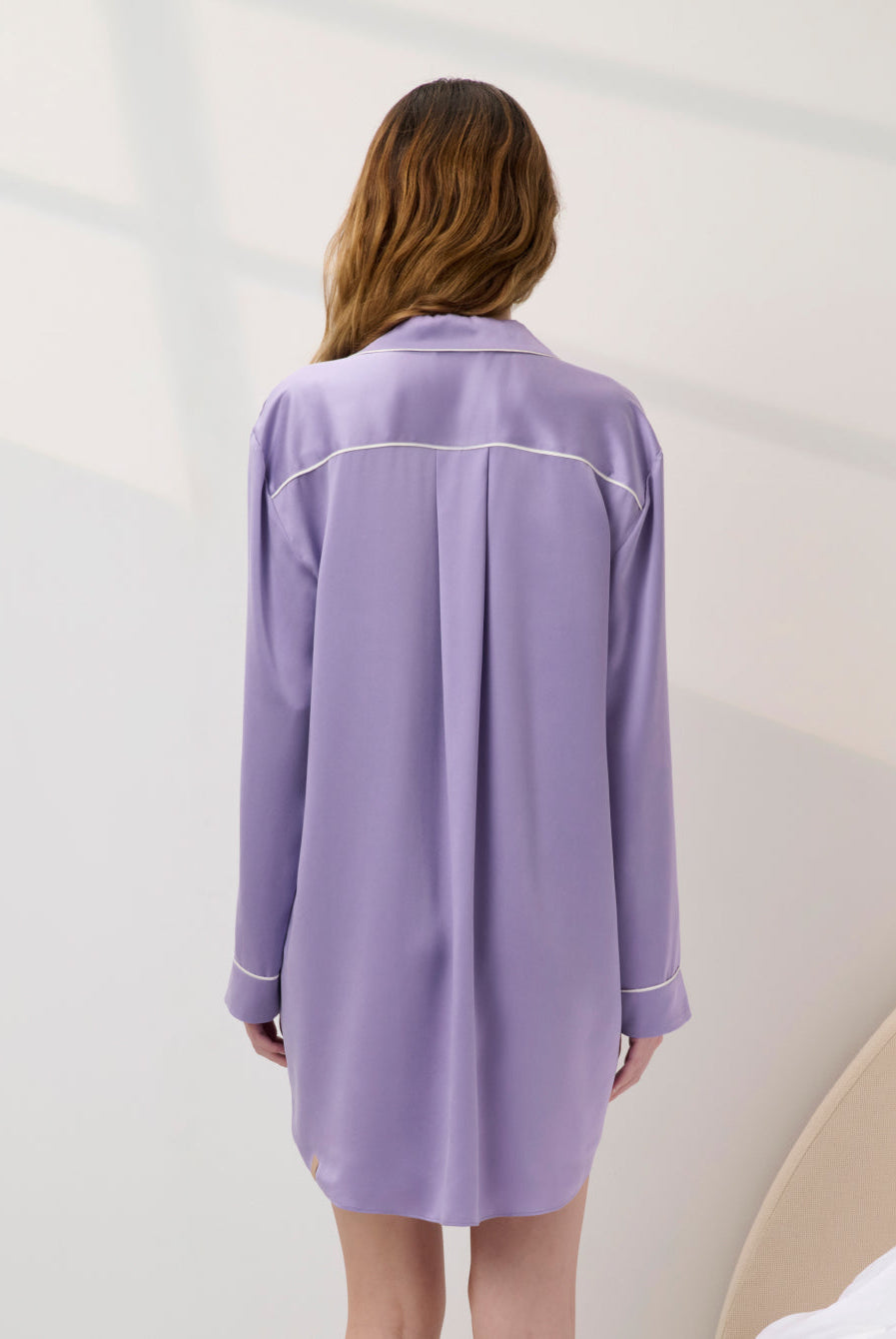 Lunya Pajamas - WASHABLE SILK PIPED SLEEP SHIRT DRESS #Morning Wisteria/Tranquil White