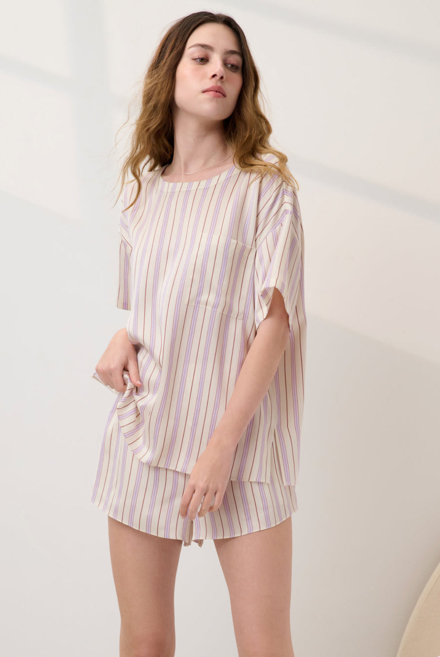 Lunya Pajamas - WASHABLE SILK TEE SHORT SET #Wisteria Stripe