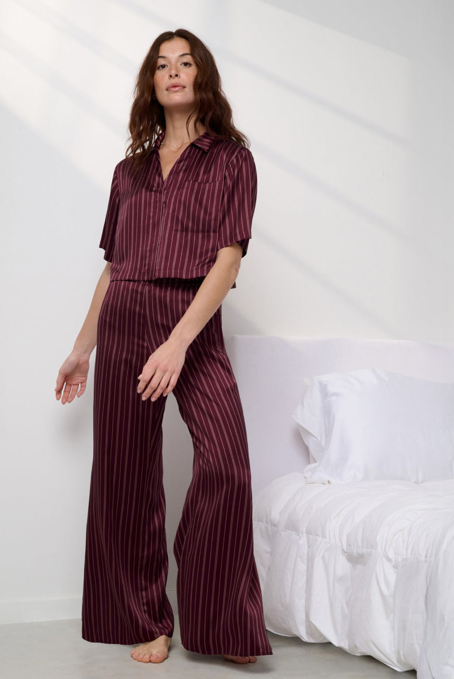 Lunya Pajamas Washable Silk High Rise Pant Set - #Currant Veil Stripe