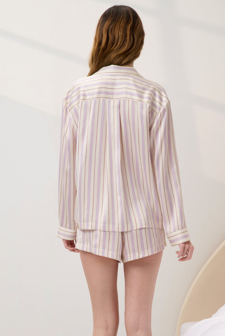 Lunya Pajamas - WASHABLE SILK BUTTON UP LONG SLEEVE SHORT SET #Wisteria Stripe