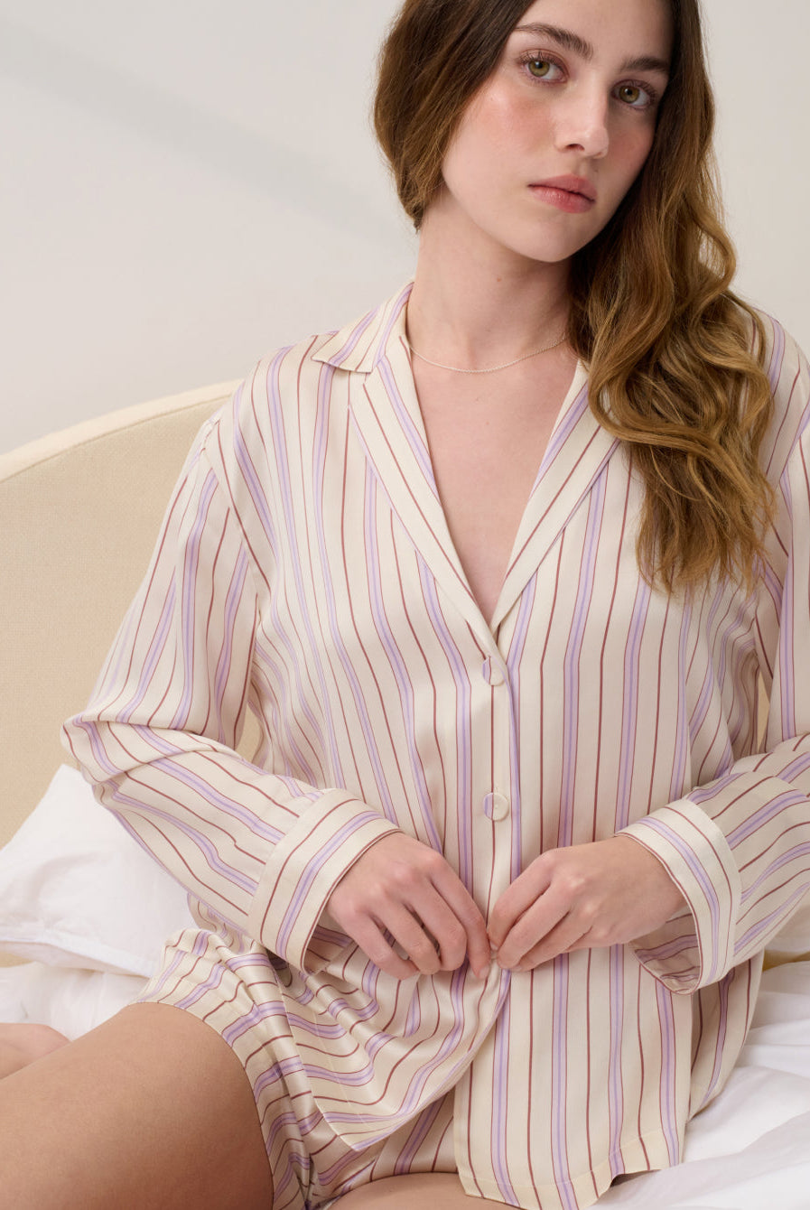 Lunya Pajamas - WASHABLE SILK BUTTON UP LONG SLEEVE SHORT SET #Wisteria Stripe
