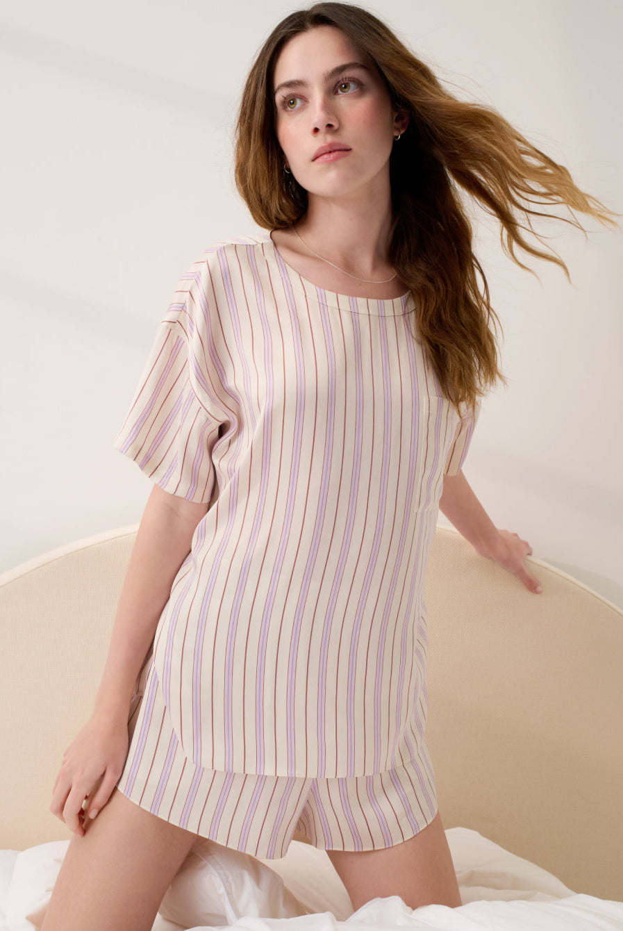 Lunya Pajamas - WASHABLE SILK TEE SHORT SET #Wisteria Stripe