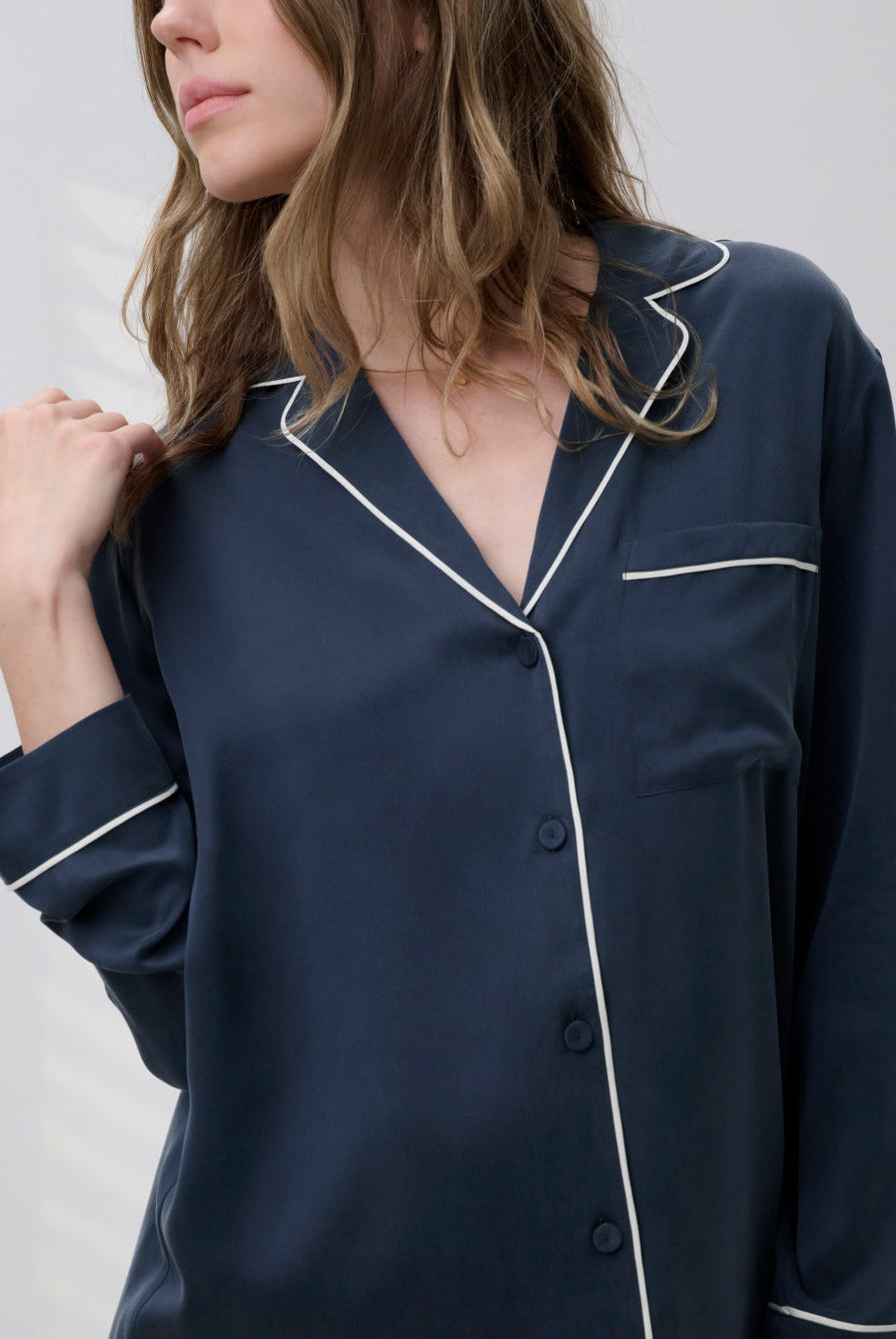 Lunya Pajamas Washable Silk Piped Sleep Shirt Dress - #Deep Blue/Tranquil White