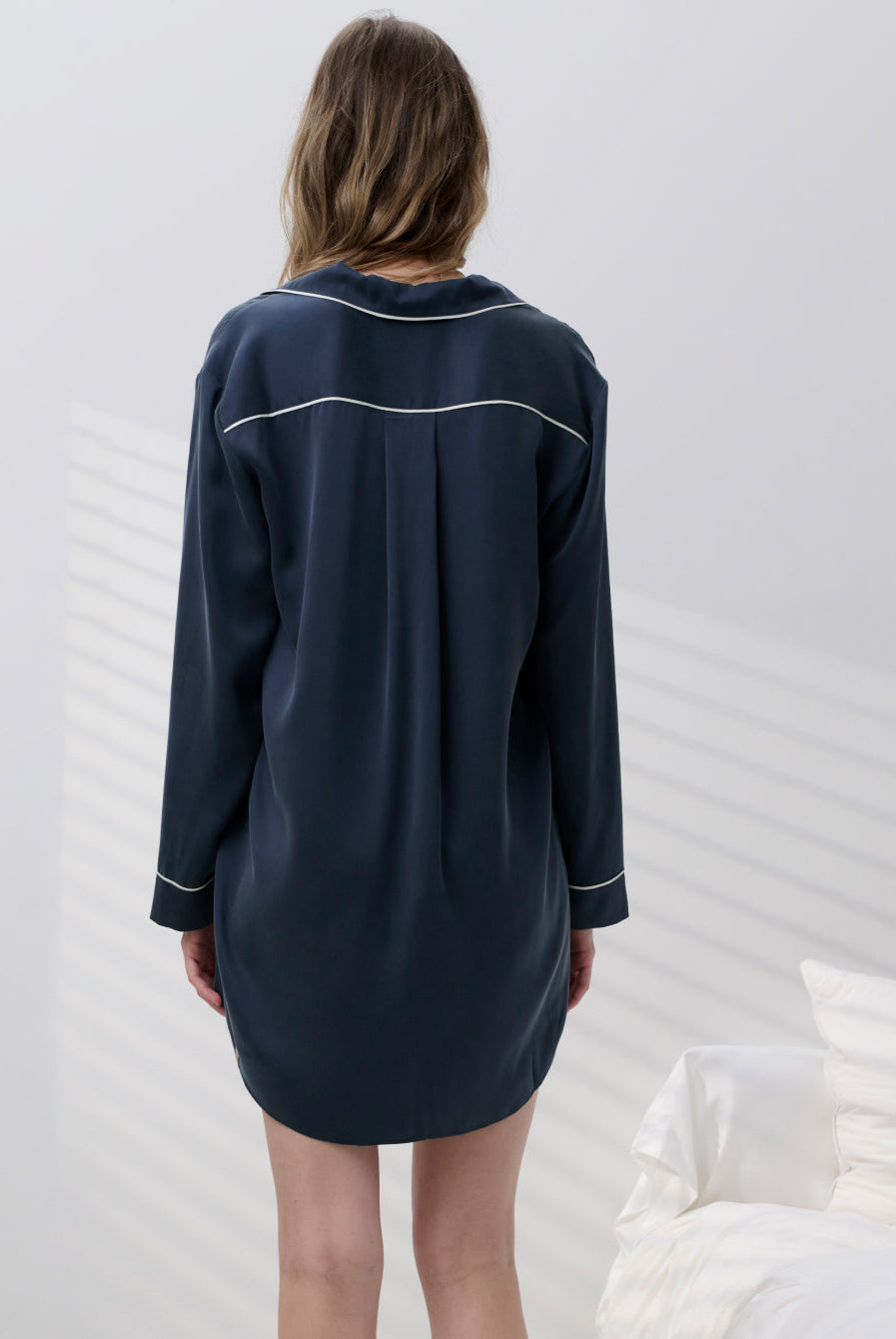 Lunya Pajamas Washable Silk Piped Sleep Shirt Dress - #Deep Blue/Tranquil White