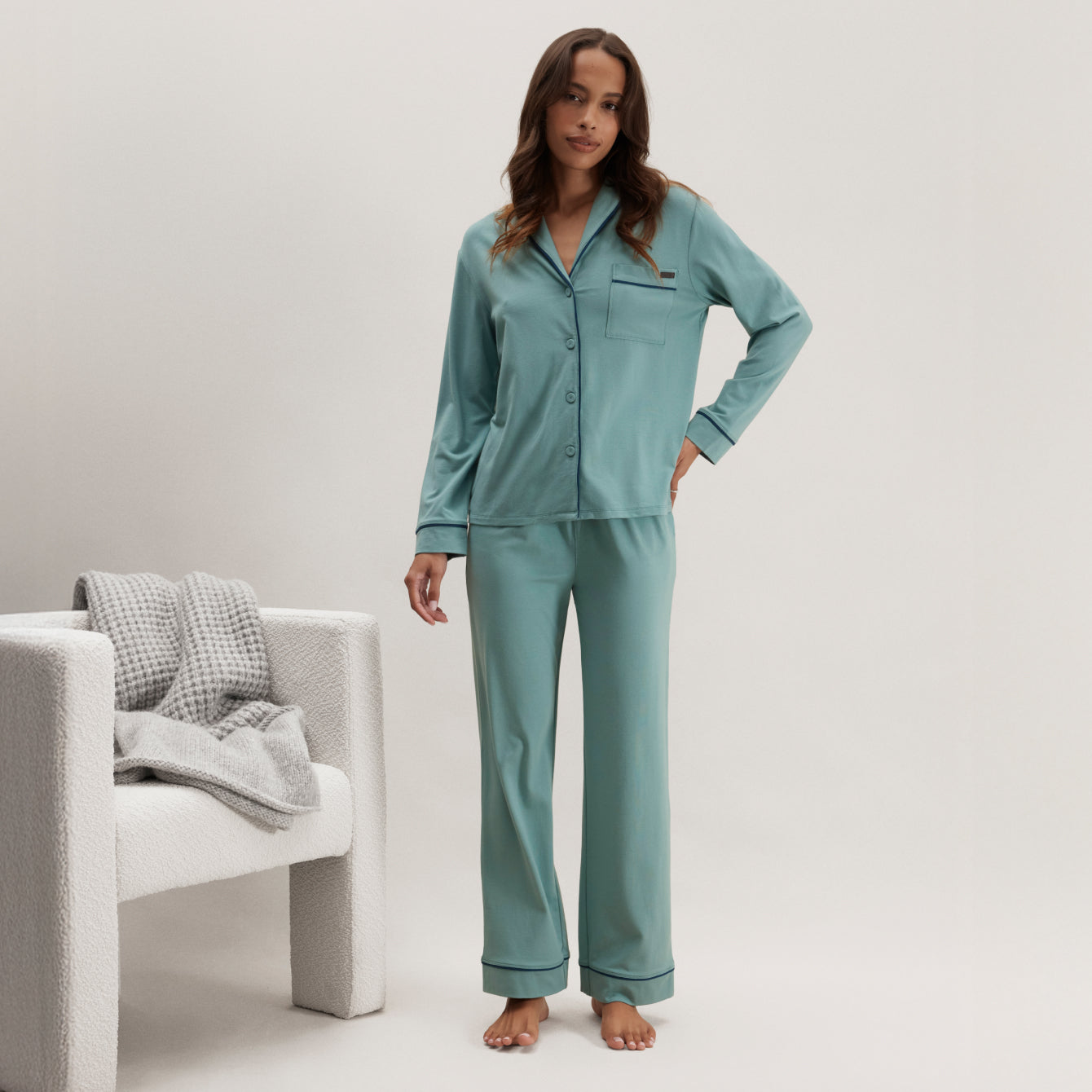 Lunya Pajamas Slumberknit™ Shawl Collar Button Down Pant Set - #Musing Moss/Nocturnal Slate