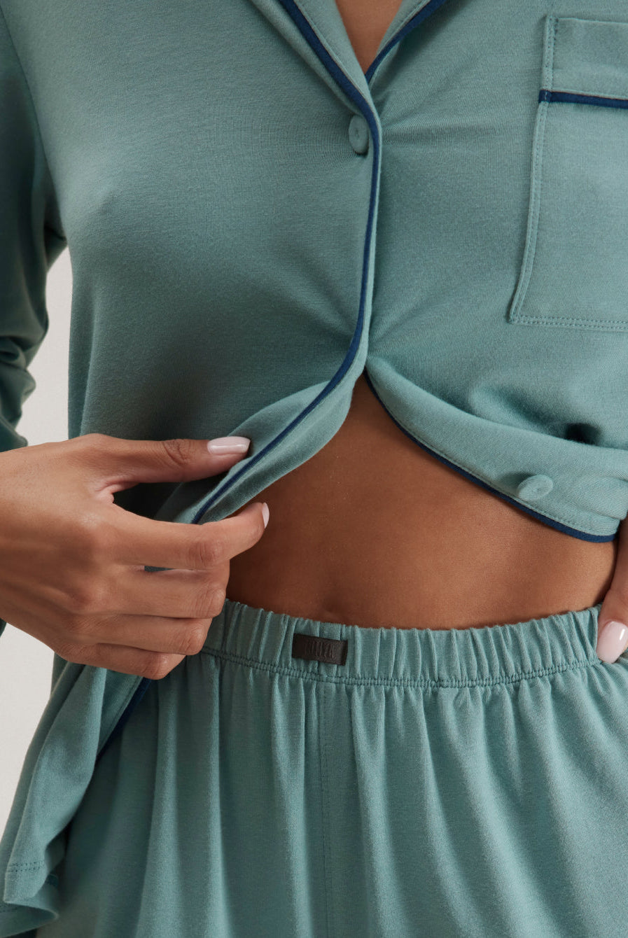 Lunya Pajamas Slumberknit™ Shawl Collar Button Down Pant Set - #Musing Moss/Nocturnal Slate