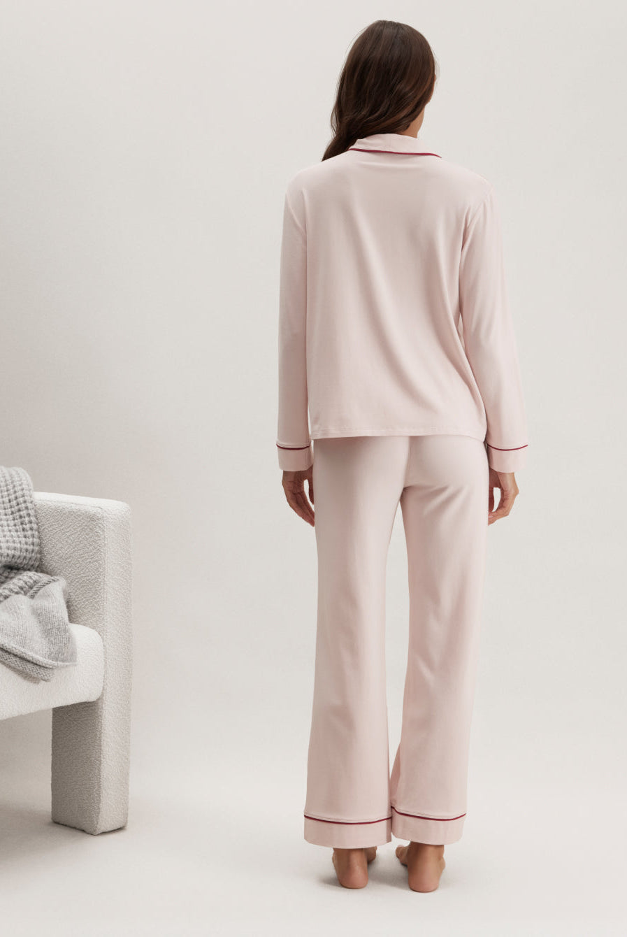 Lunya Pajamas Slumberknit™ Shawl Collar Button Down Pant Set - #Delicate Pink/Pomegranate Jewel