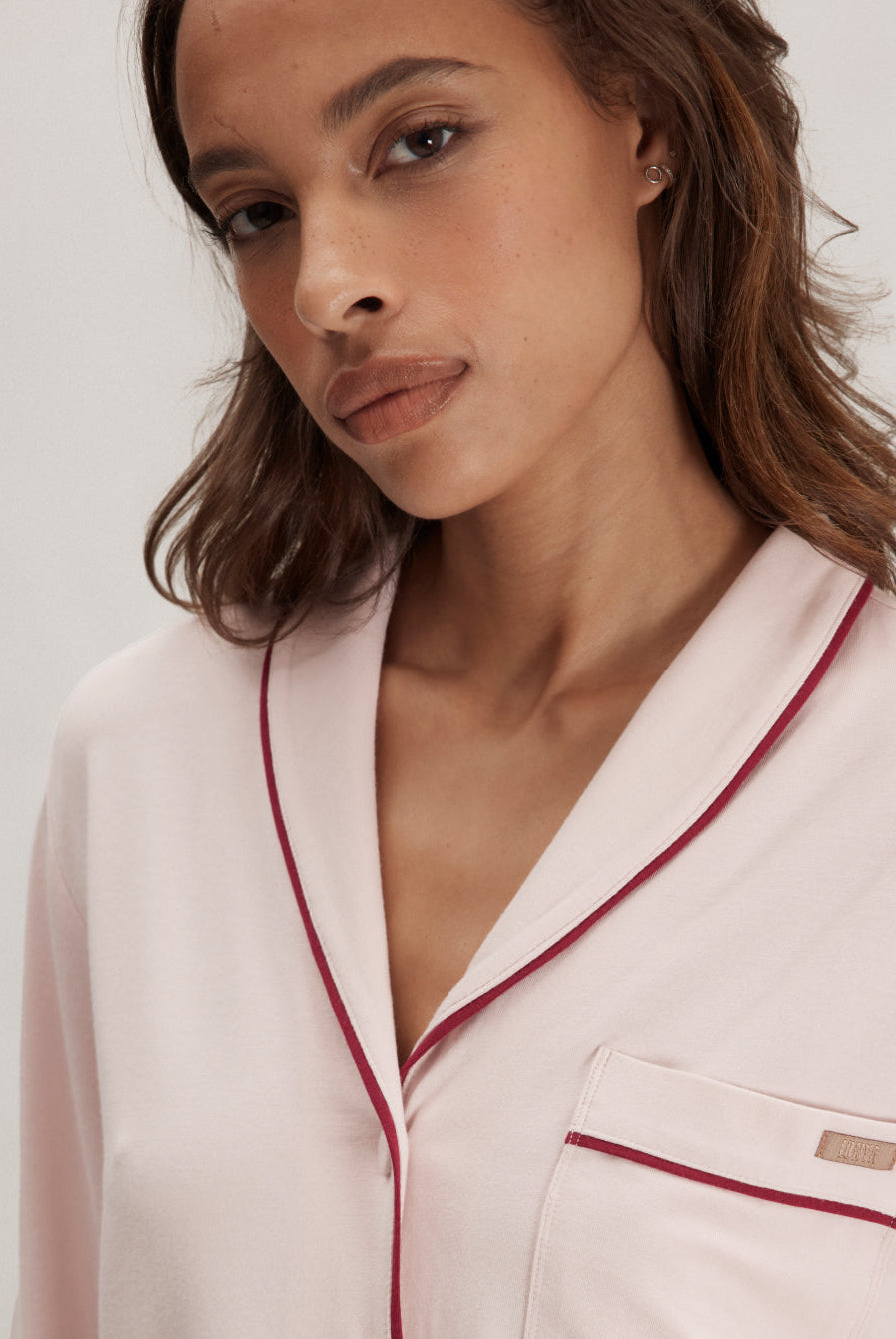 Lunya Pajamas Slumberknit™ Shawl Collar Button Down Pant Set - #Delicate Pink/Pomegranate Jewel
