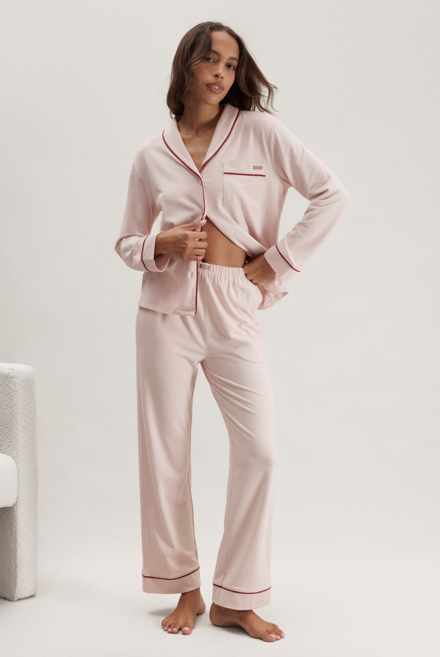 Lunya Pajamas Slumberknit™ Shawl Collar Button Down Pant Set - #Delicate Pink/Pomegranate Jewel