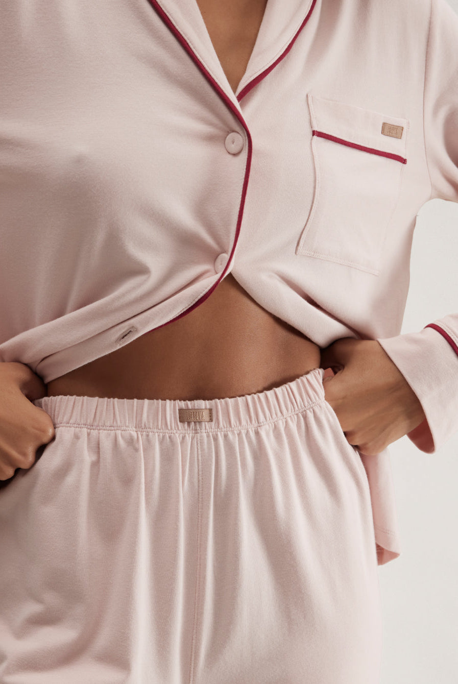 Lunya Pajamas Slumberknit™ Shawl Collar Button Down Pant Set - #Delicate Pink/Pomegranate Jewel